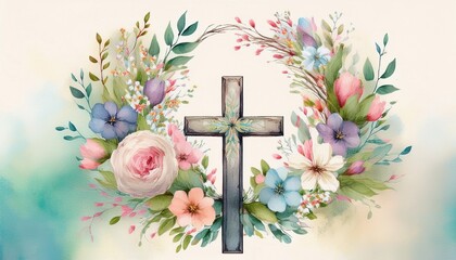 An elegant Easter cross adorned with a soft and delicate watercolor floral wreath, blending religious symbolism with gentle spring aesthetics for a serene design