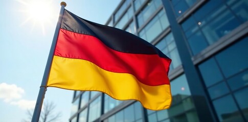 A close-up of a German flag waving in front of a modern office building, growth, success