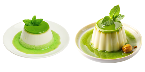 Two elegant servings of panna cotta, garnished with fresh mint leaves and a vibrant green sauce, showcasing a creamy texture.
