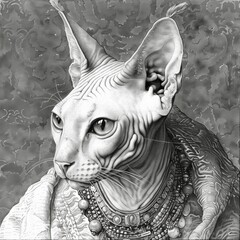 A sphynx cat is captured in detailed monochrome, wearing intricate jewelry and a decorative cloth. The cat's unique features and the ornate accessories create a striking visual contrast