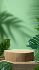 Wood podium table top blurred monstera green leaf plant nature background.Beauty cosmetic natural eco product modern display.jungle tropical forest concept. AI Generated Images
