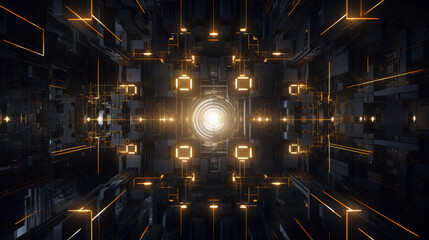 Futuristic hi-tech background with a digital circuit board design, glowing lines, and modern technology elements