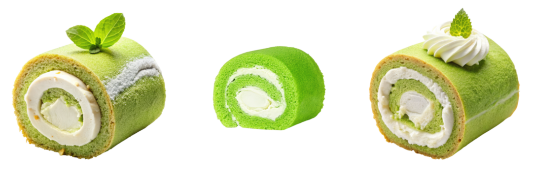 Green rolled cake with cream filling, garnished with mint leaves, showcasing layers of soft sponge and rich frosting.