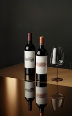 Elegant Display of Wine Bottles and Glasses on a Reflective Surface: Wine List Template, Restaurant Menu, Premium Brand Advertisements, Poster Mockup, Copy Space Background.Dark & Golden