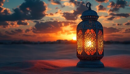 Glowing Lantern Casting Patterns Against a Vibrant Desert Sunset