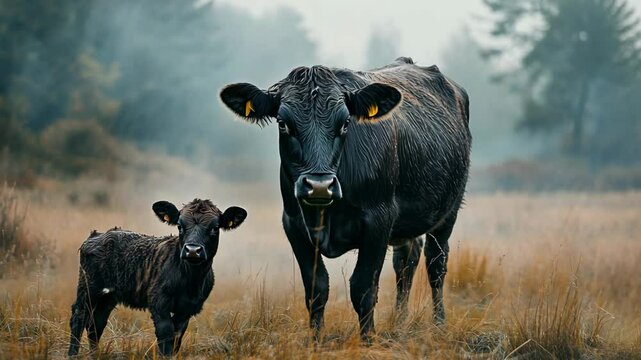 a baby calf black cow and their mother at brown grass field with misty fog drifting	
