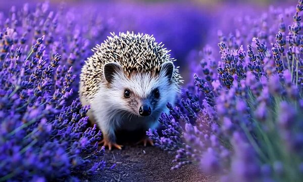 A hedgehog exploring a vibrant lavender field during a sunny day, surrounded by blooming flowers