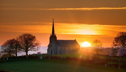 Obraz premium Witness the peaceful and heartwarming glow of Easter Sunday sunrise casting a serene light over a quiet, idyllic countryside church. A tranquil morning scene