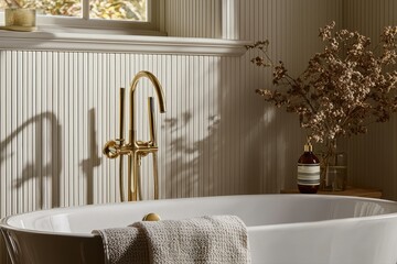 Serene Bathroom Retreat Featuring a Freestanding Tub and Natural Accents. LED details and modern furniture