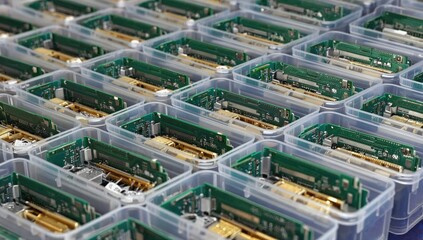 Multiple electronic circuit boards are neatly arranged in clear plastic containers in a clean workspace, showcasing their intricate designs and components during an inventory check