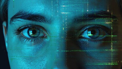 Two expressive eyes are highlighted against a backdrop of glowing data patterns, showcasing the intersection of human emotion and technology in a nighttime setting