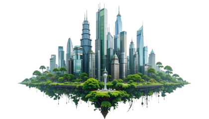 Futuristic cityscape design featuring greenery and skyscrapers isolated on png