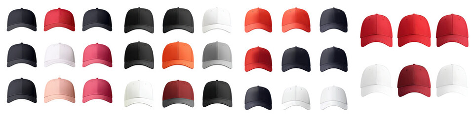 Diverse assortment of solid color baseball caps or hats in popular styles like snapback trucker and dad caps suitable for branding merchandising promotional products and personal customization