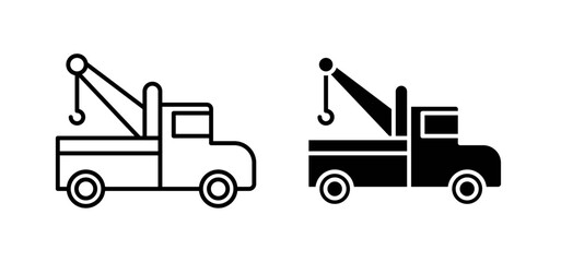 Tow truck vector icon set black filled and outlined style.