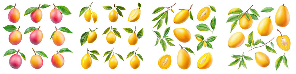 Obraz premium Lemon and peach illustrations with green leaves on a black background.