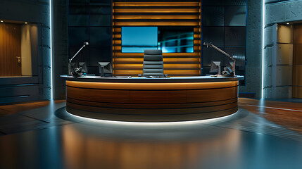 A modern news studio interior includes a sleek pedestal anchorman table, open space, digital screens for video presentations, and contemporary decor.