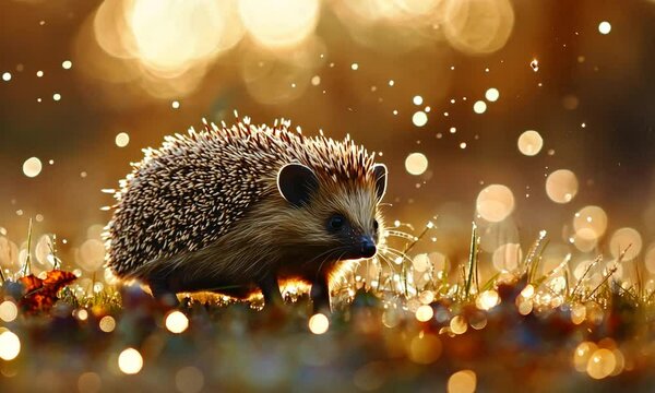 A hedgehog foraging in a sunlit forest, surrounded by sparkling dew on grass and autumn leaves