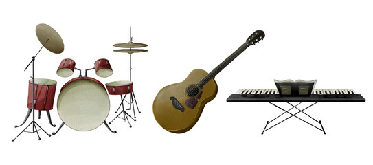 Set of illustrations of a drum kit, an acoustic guitar, and a keyboard with a music stand, all isolated on a transparent background.