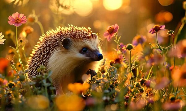 A hedgehog foraging among vibrant wildflowers during golden hour, showcasing nature's beauty