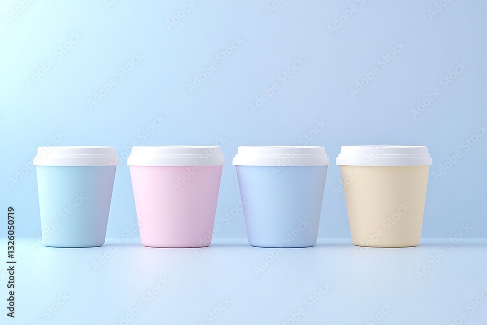 Fototapete ultra-realistic ice cream tub set on pastel background: four identical cups with white lids, aligned
