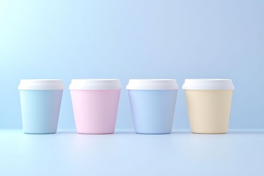Ultra-realistic ice cream tub set on pastel background: four identical cups with white lids, aligned in a row, minimalist style with soft lighting and gentle shadows.