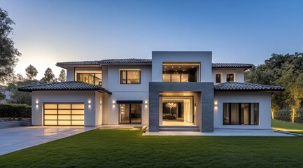 Modern house with two floors, a white and gray color scheme. The roof is made of tiles. There's an open door on the left side leading to a garage with multiple doors