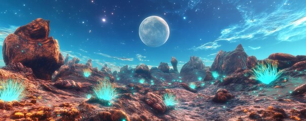 A vibrant alien landscape featuring glowing plants and a large moon