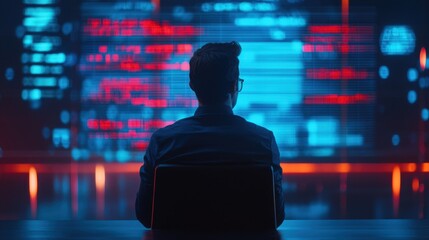 Cybersecurity Analyst Monitoring Data Breaches on Computer Screen in Futuristic Control Room with Digital Interface and Reactive Visuals
