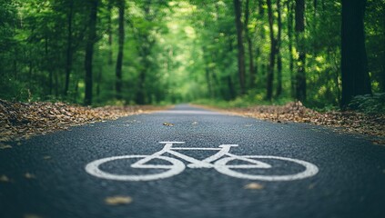 A photograph of an asphalt road with white bicycle signs on the side, set in a forest environment during daylight. 