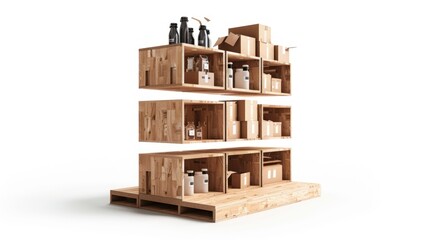 Wooden Storage Display Shelf with Boxes and Bottles for Products