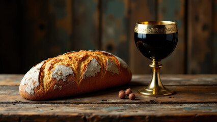 A loaf of bread with a golden chalice nearby, symbolizing Christian tradition.