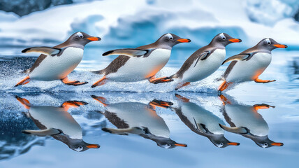 Fototapeta premium Playful penguins sliding on icy water in Antarctica, creating joyful scene
