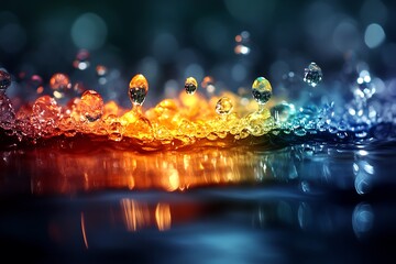 Colorful water droplets forming dynamic shapes with beautiful reflections in water
