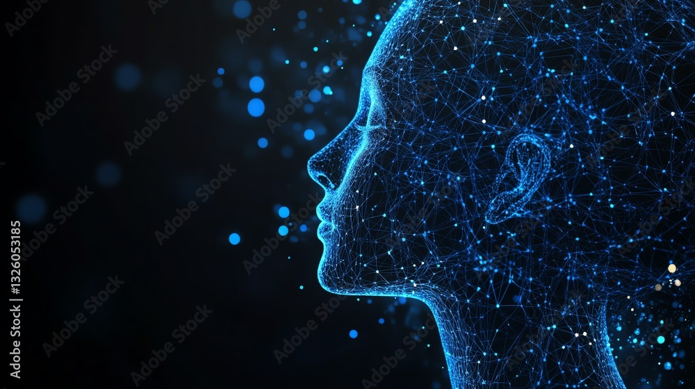 Poster machine learning concept with blue shadow human head side view, dark background, coding and programm