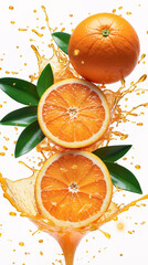 Fresh juicy oranges bursting with orange juice splash against white backdrop for appetizing advertisement photos Stock Photo Image Fruits Presentation