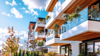 Obraz premium Modern Apartment Building with Clean Lines and Blue Sky Background