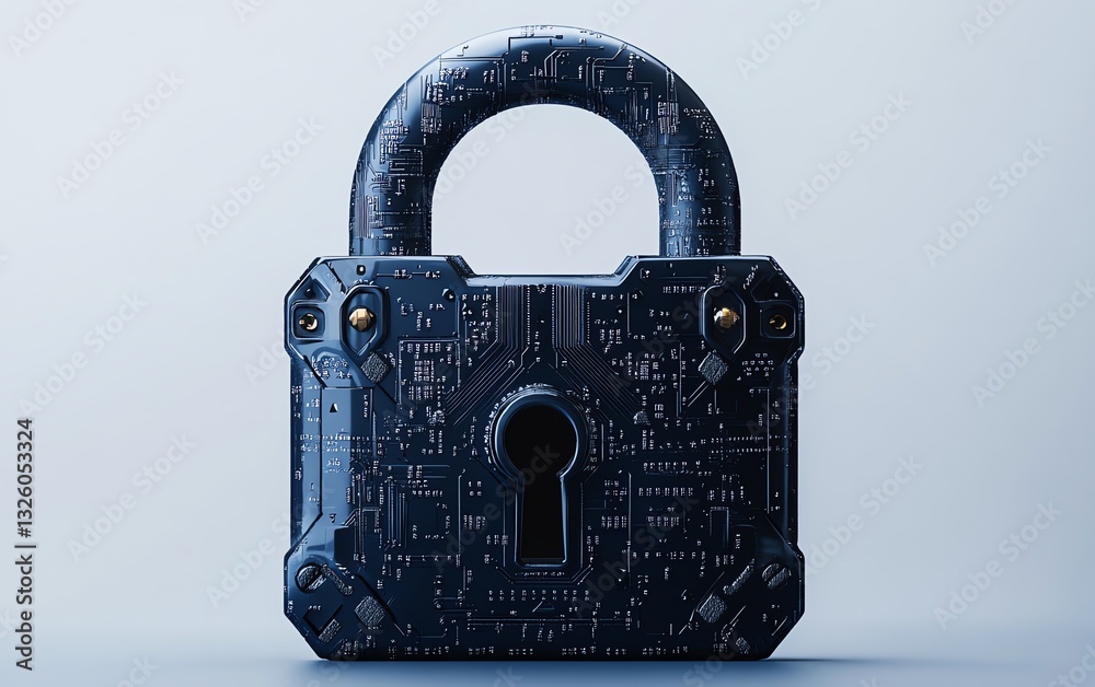 Poster padlock with binary code printed on circuit surface, front view, future technology, security and cyb