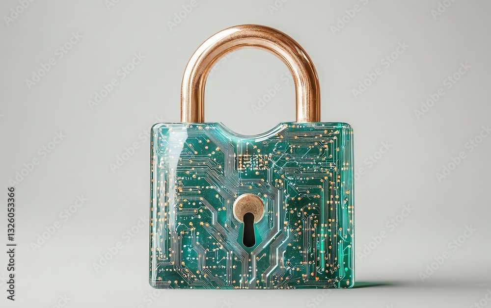Poster padlock with binary code printed on circuit surface, front view, future technology, security and cyb