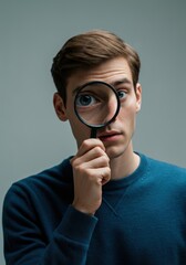 Man examining his eye through a magnifying glass, showcasing curiosity and focus