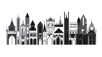 Obraz premium The image is a horizontal, stylized illustration depicting a continuous skyline of various buildings. The buildings are rendered in shades of grey and black, creating a monochrome effect. They are