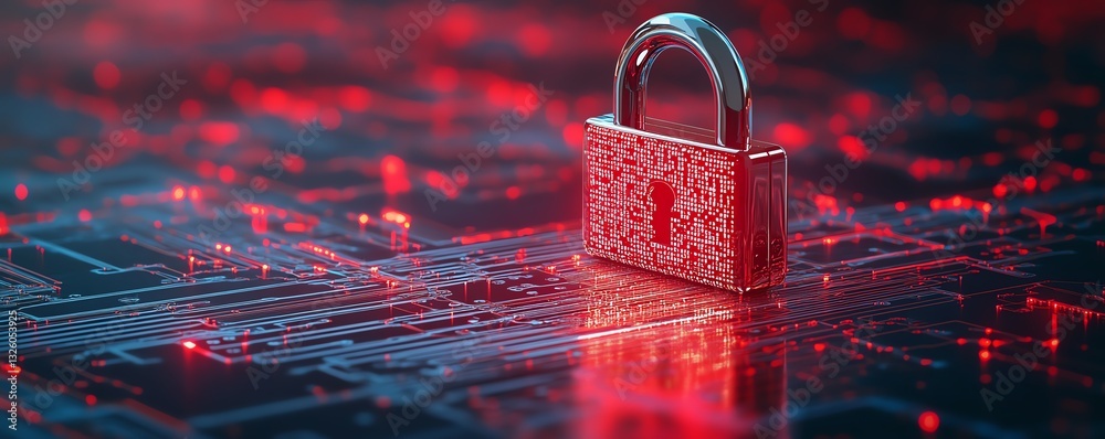 Poster 3D rendering of padlock with binary code on circuit surface, future technology and cyber security, white background with space for advertising, digital protection concept