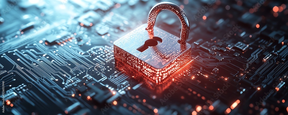 Poster 3D rendering of padlock with binary code on circuit surface, future technology and cyber security, white background with space for advertising, digital protection concept