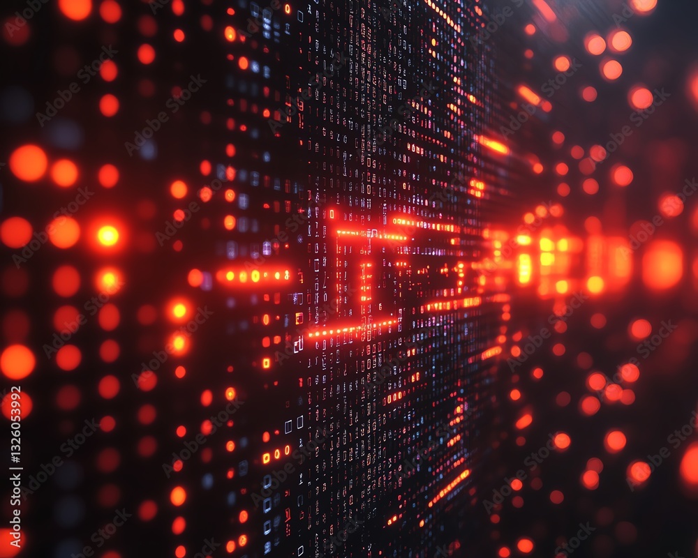 Poster abstract binary code on dark background, data analysis and transfer concept, 3d rendered, glowing ne
