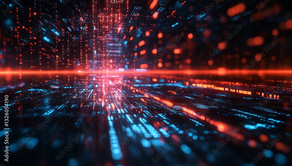 Poster abstract dark background featuring binary code, digital data transfer, 3d rendering, analysis concep