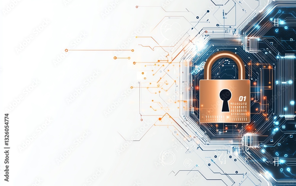 Poster front view of a padlock with binary code on a circuit surface, future technology and cyber security 