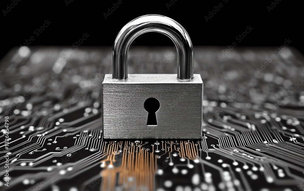 Poster front view of a padlock with binary code on a circuit surface, future technology and cyber security 