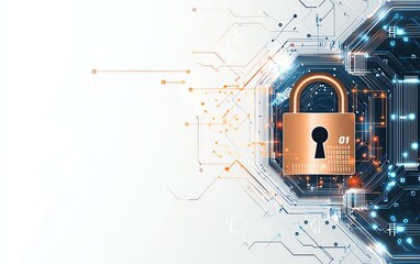 Obraz premium Front view of a padlock with binary code on a circuit surface, future technology and cyber security concept, white background with mockup space for advertising poster