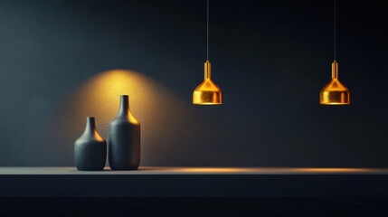 Stylish interior design featuring elegant vases and modern pendant lights against a dark wall, showcasing contemporary home decor aesthetics and ambiance.