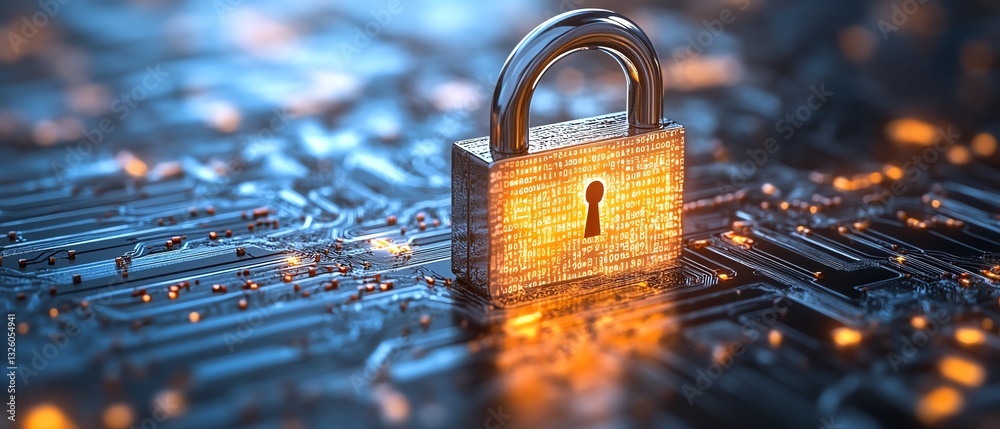Poster future technology and security concept, front view of padlock with binary code printed on circuit su