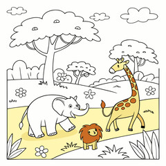 Coloring book with wild animals cartoon art